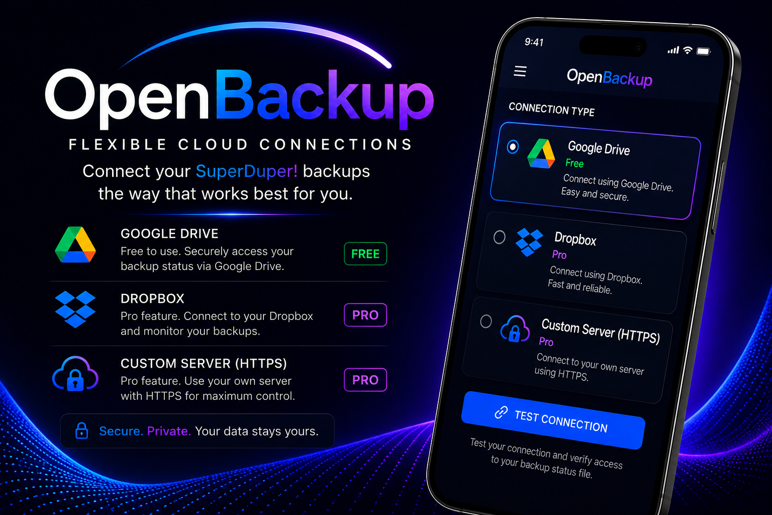 OpenBackup connection options for Google Drive, Dropbox and HTTPS server