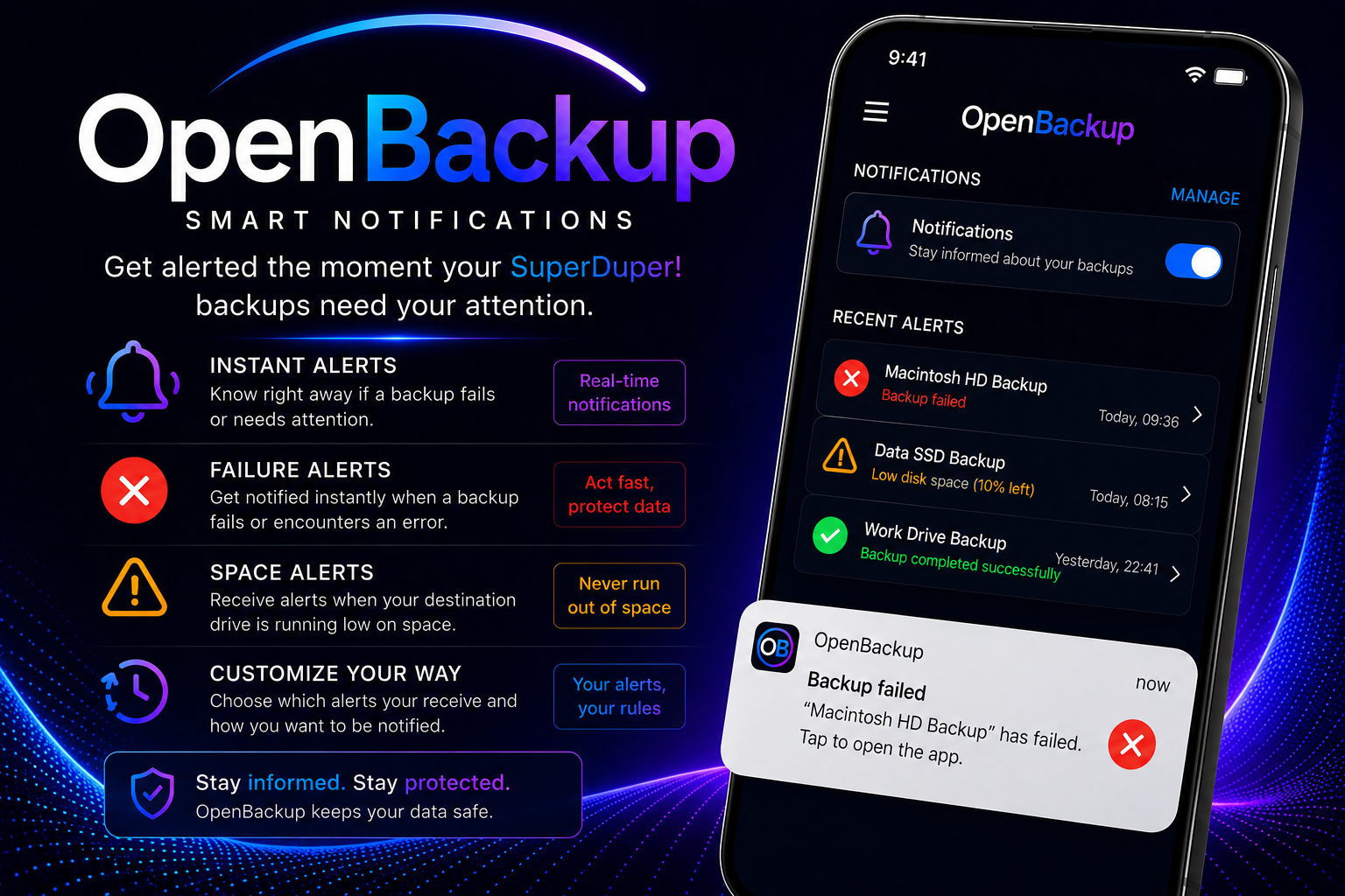 OpenBackup smart backup failure and storage notifications