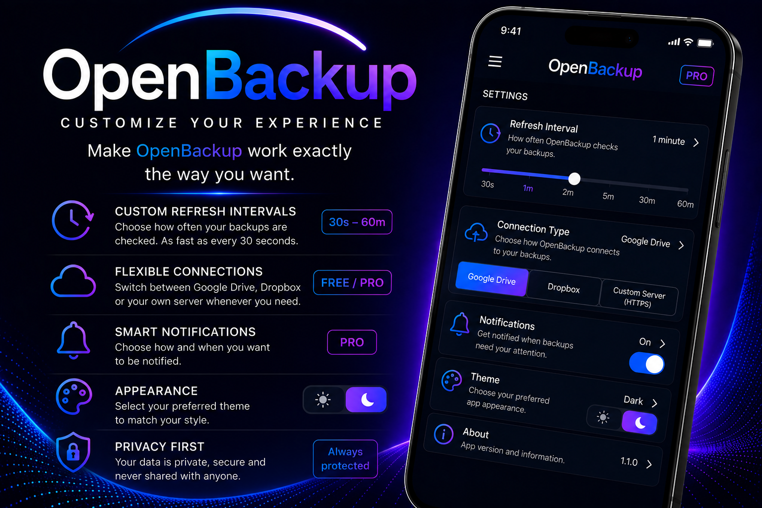 OpenBackup settings with refresh intervals and connection preferences